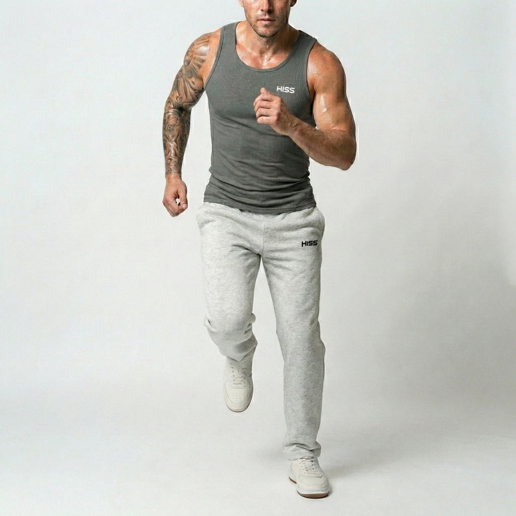 HISS Men's Pant in Flower Gray — running pose