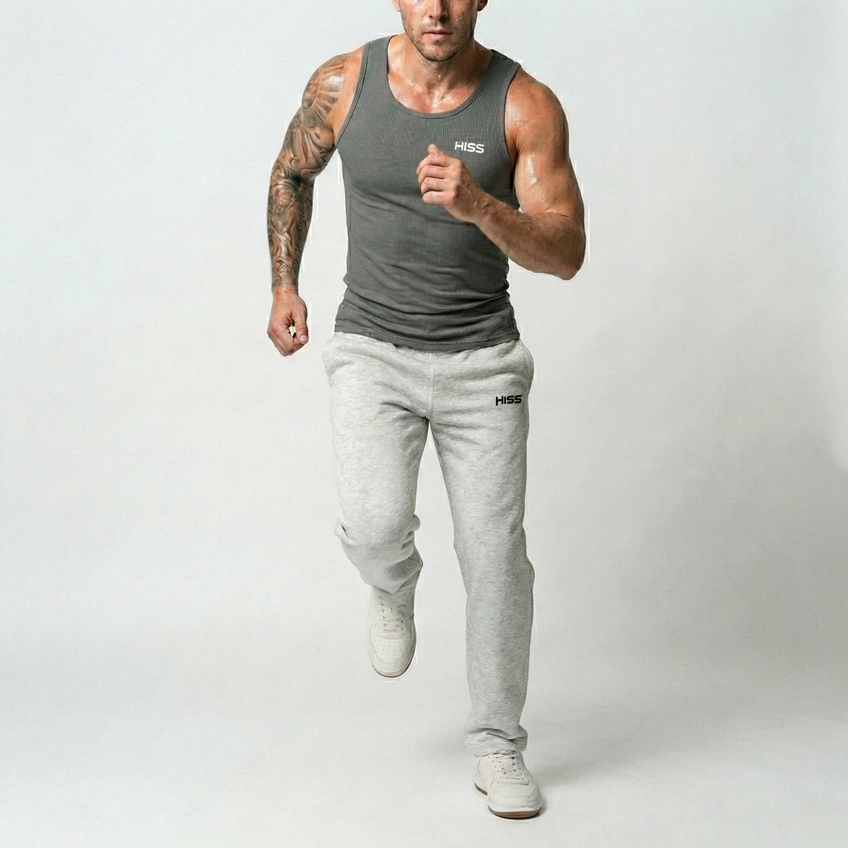 HISS Men's Pant in Flower Gray — running pose