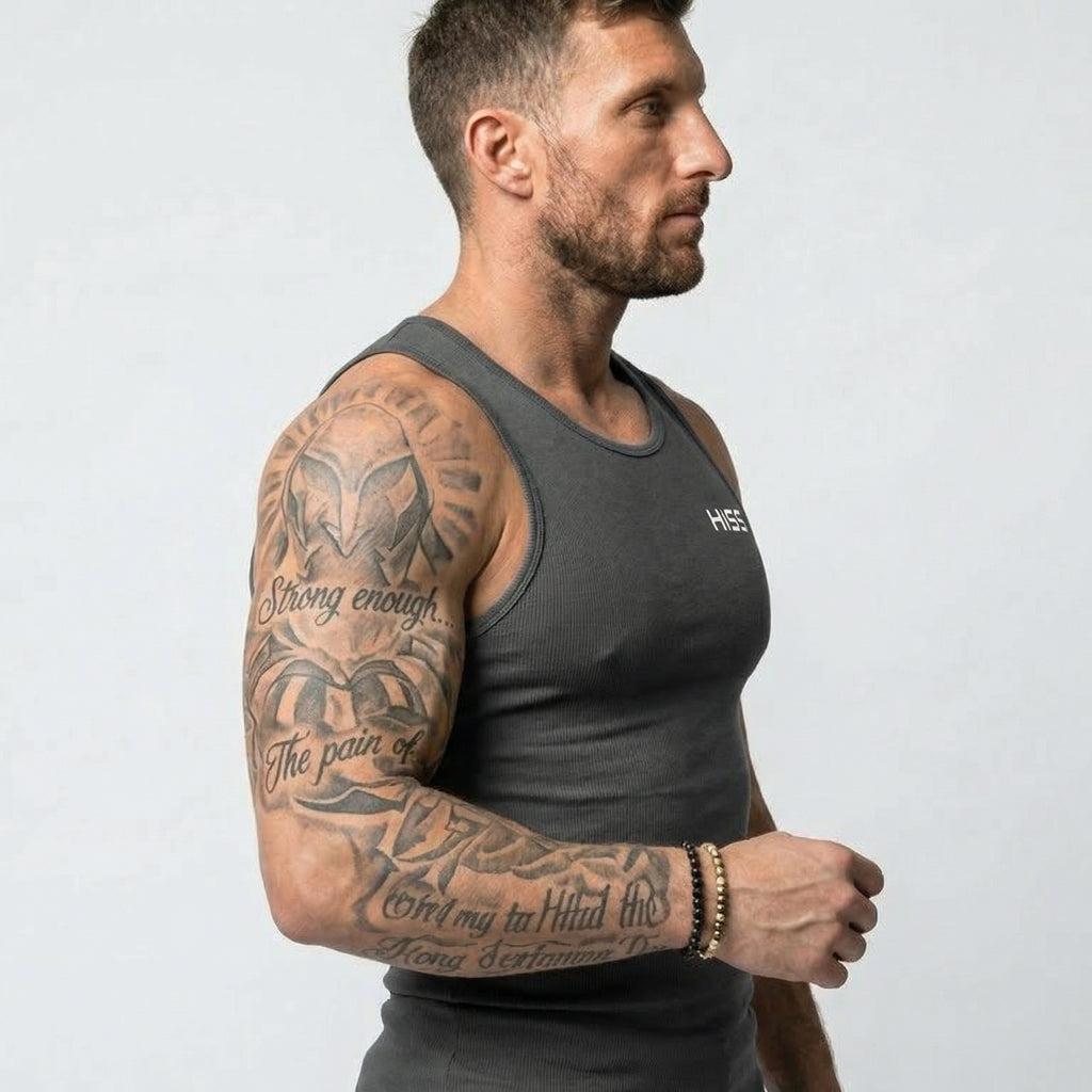 HISS Tank Top in Dark Gray — upper-body side view